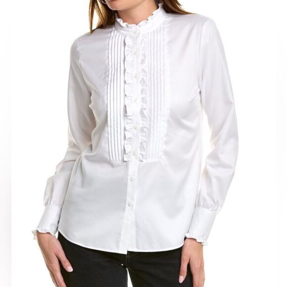 Brooks Brothers Tuxedo Pin-tuck Mandarin Collar Ruffled White top Women’s SZ 10 - Picture 1 of 10